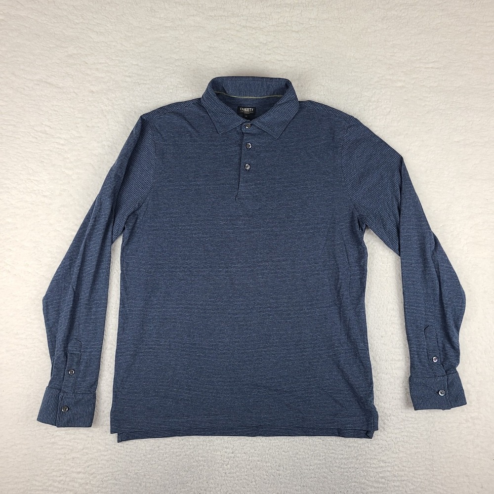 Faherty Polo Shirt Mens Medium Blue Striped Performance 100% Cotton Long Sleeve